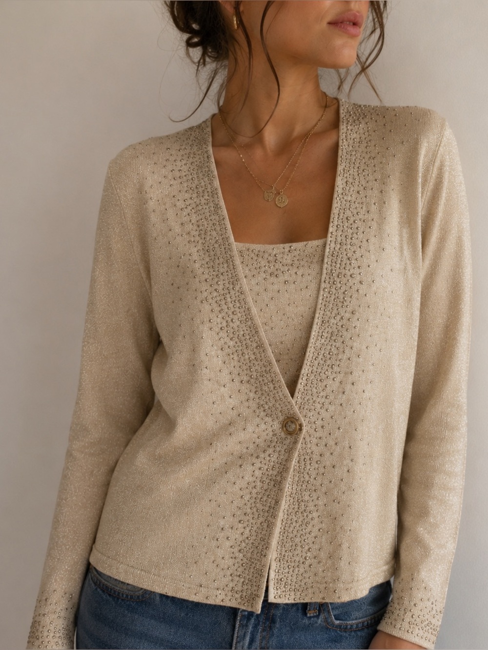 Lillie Rubin Cream Gold Beaded Cardigan Sweater Large Evening Glam Old‎ Money